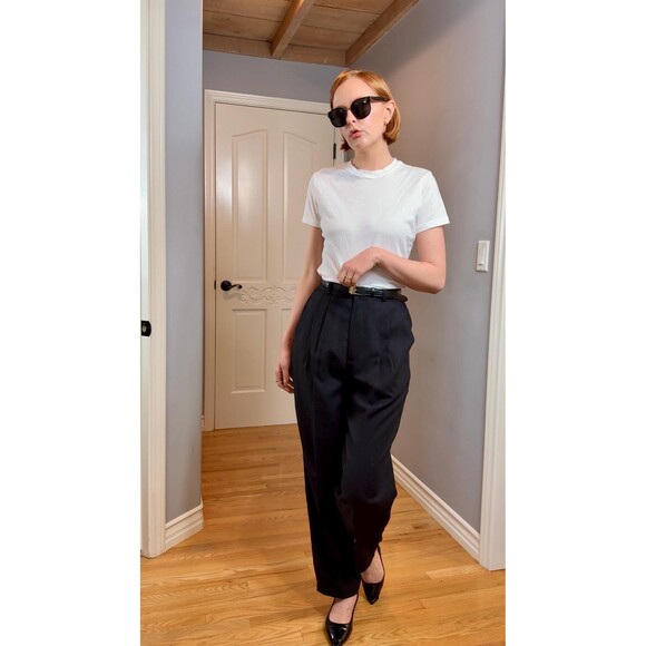 Vintage Briggs Black Double Pleated Tapered Belted Trousers Dress Pants Size 8 - Picture 5 of 10